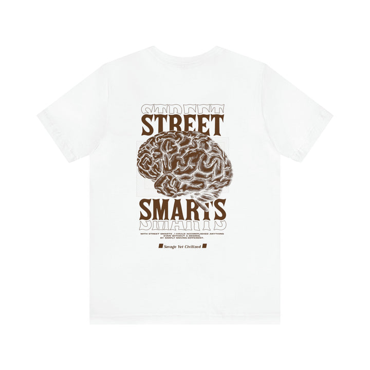 White short sleeve Street Smarts Jersey tee with brown brain graphic and text on back