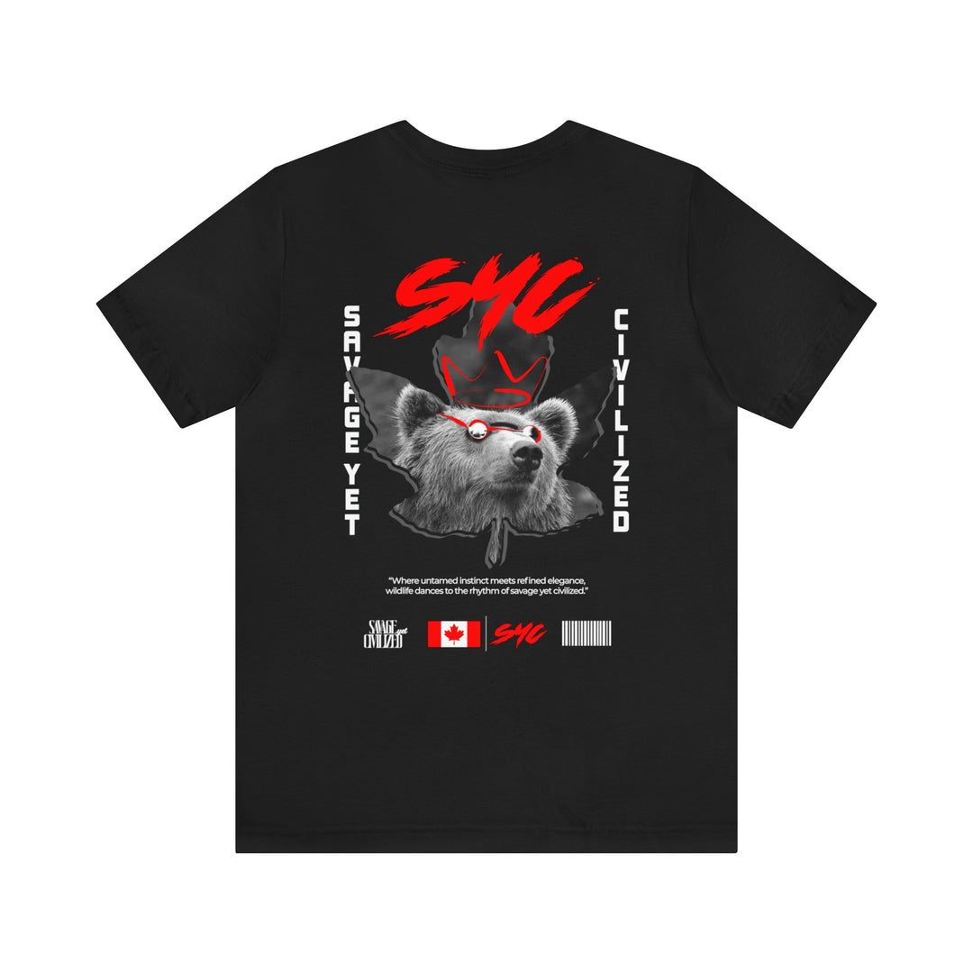 Black Reppin Canada short sleeve tee with graphic bear design and red accents, soft cotton, unisex fit
