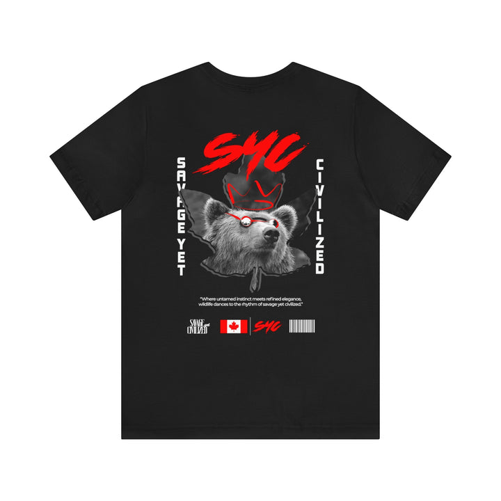 Black Reppin Canada short sleeve tee with graphic bear design and red accents, soft cotton, unisex fit