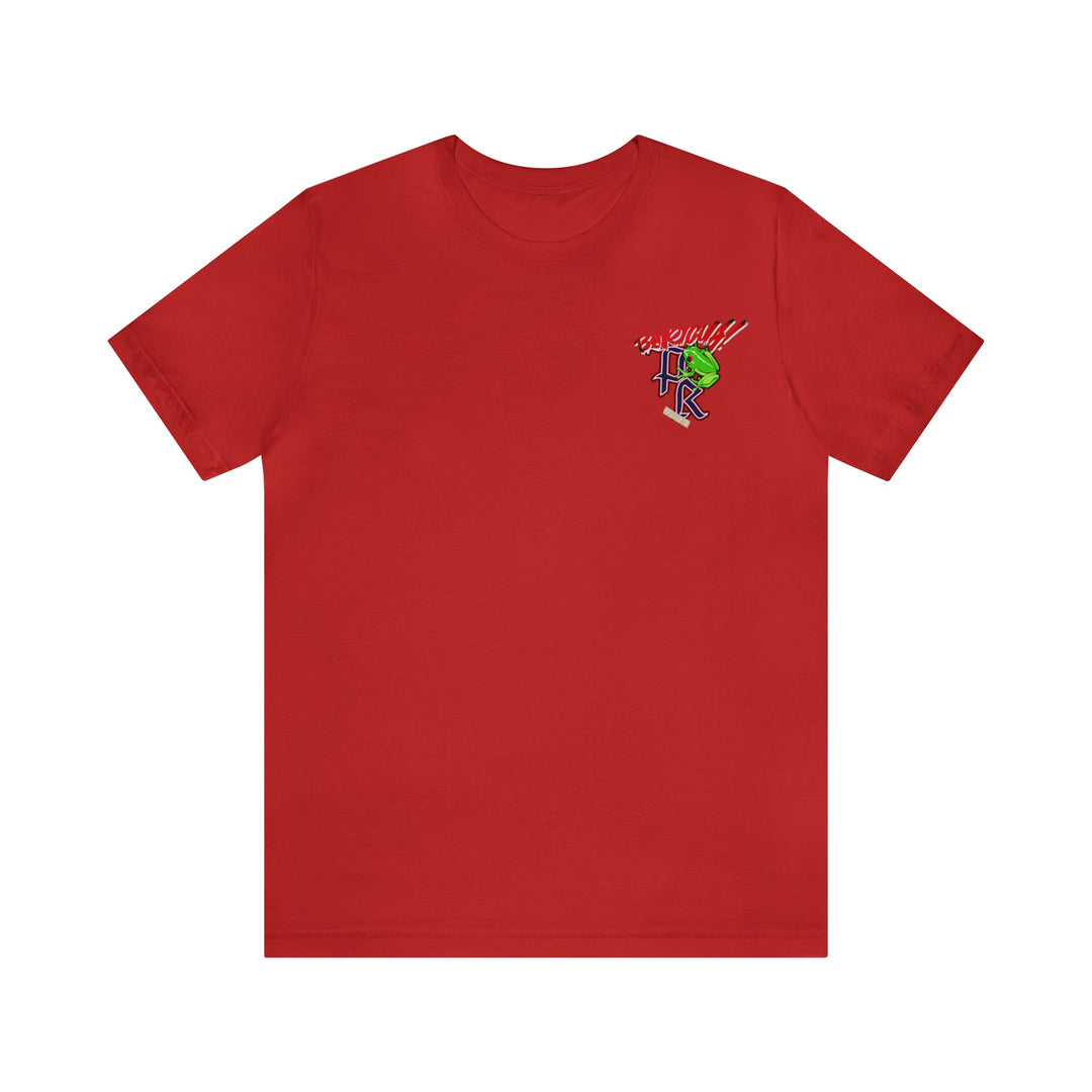 Red Puerto Rico short sleeve tee with small colorful graphic on chest, unisex cotton shirt