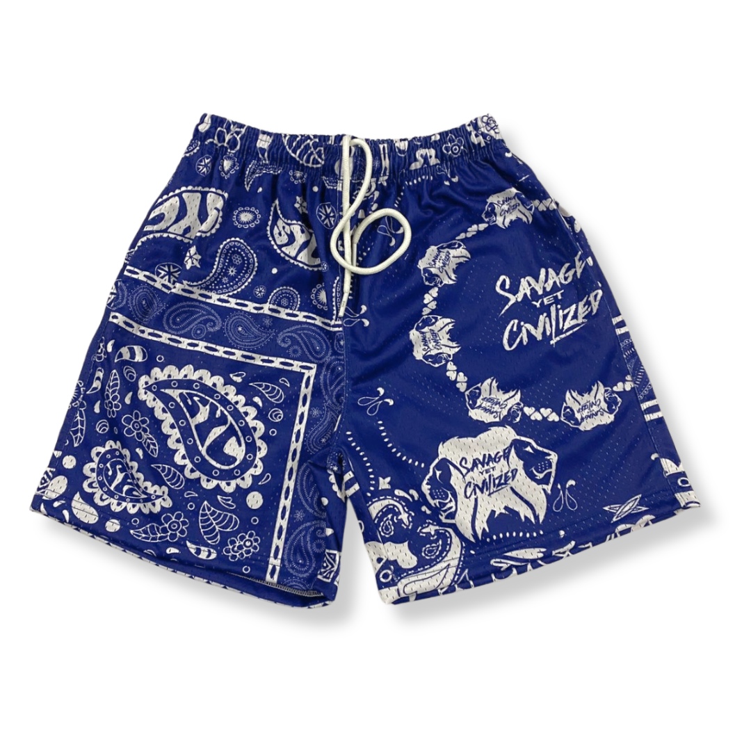 SYC Paisleys royal blue mesh shorts with paisley design, elastic waistband, and adjustable drawstring