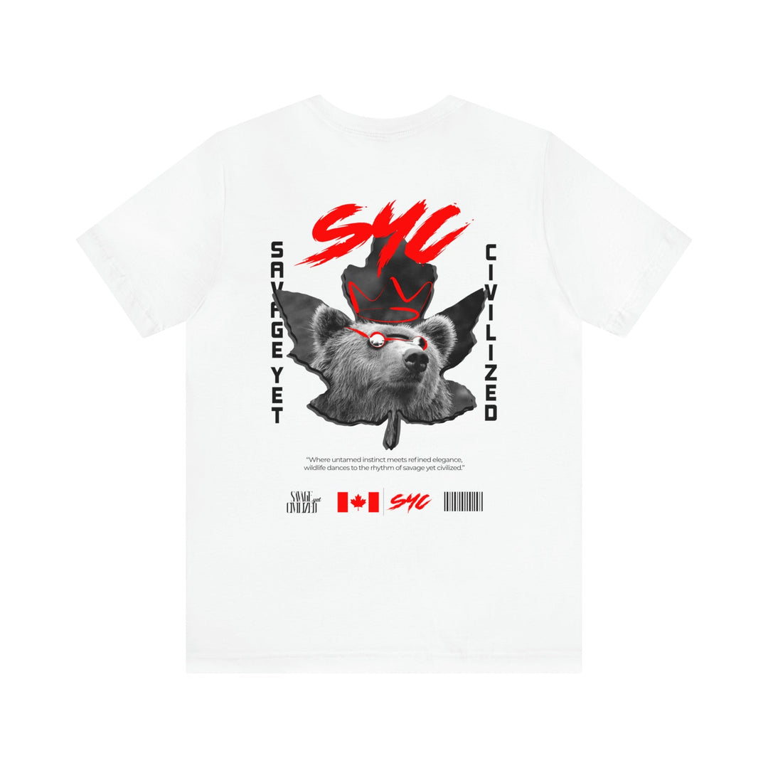 White Reppin Canada short sleeve tee with graphic bear design and red accents on the back
