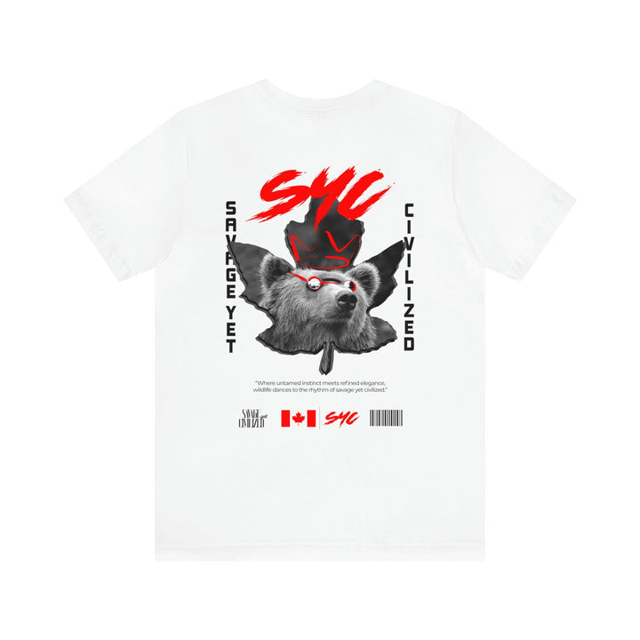 White Reppin Canada short sleeve tee with graphic bear design and red accents on the back