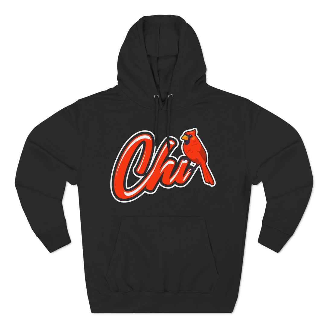 Black Chi Premium Pullover Hoodie with red cardinal graphic and cozy three-panel fleece lining