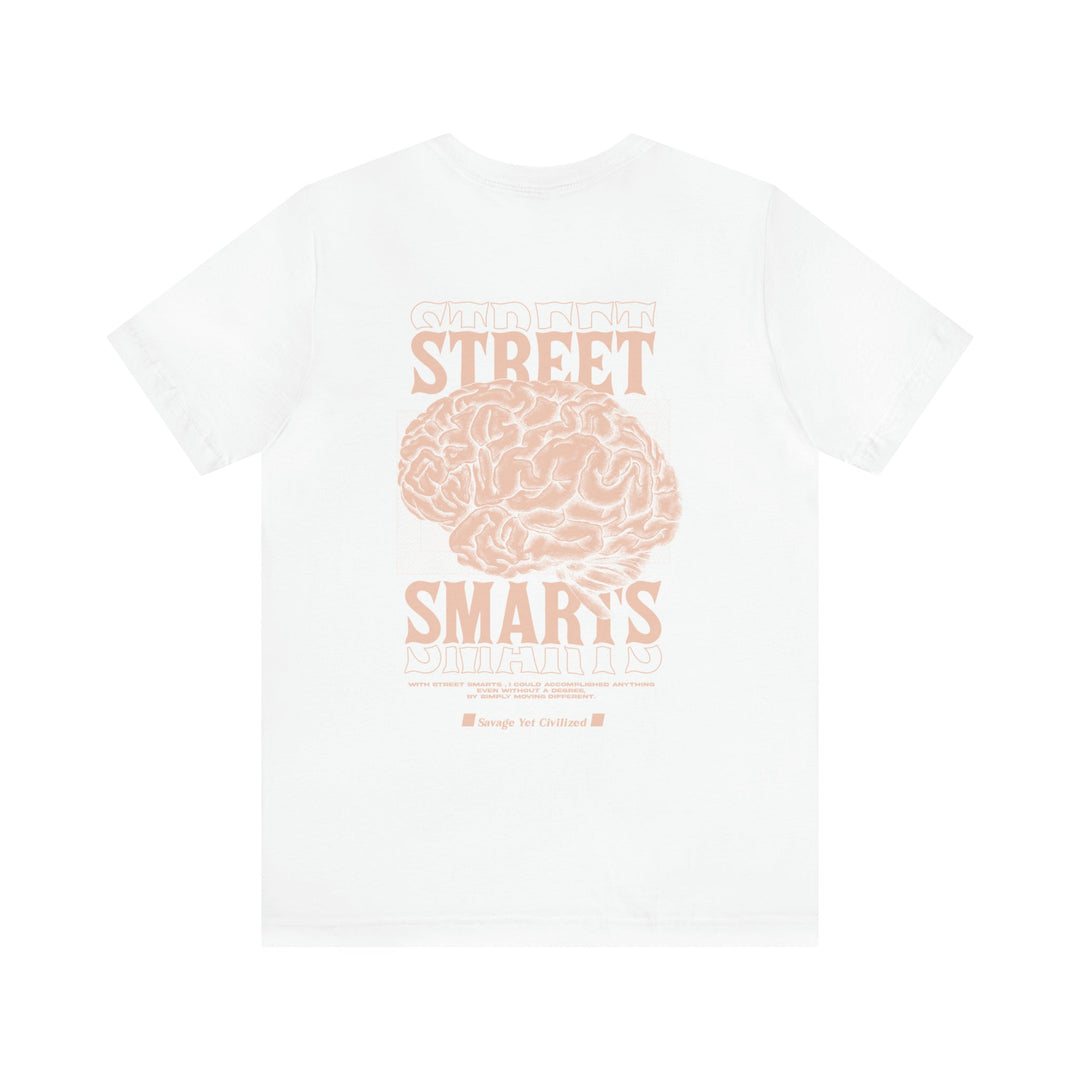 White Street Smarts Jersey Short Sleeve Tee with peachy brain graphic and text design on back