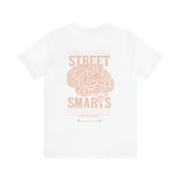 White Street Smarts Jersey Short Sleeve Tee with peachy brain graphic and text design on back