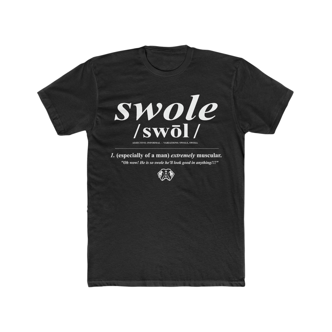 Black SWOLE men's cotton crew tee with muscular definition print, classic fit, and crew neckline