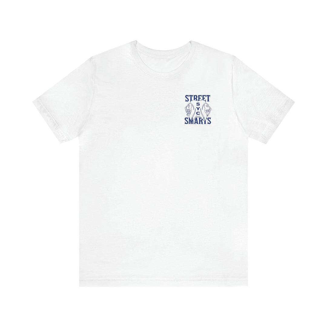 White Street Smarts Jersey short sleeve tee with blue graphic print on chest and ribbed knit collar
