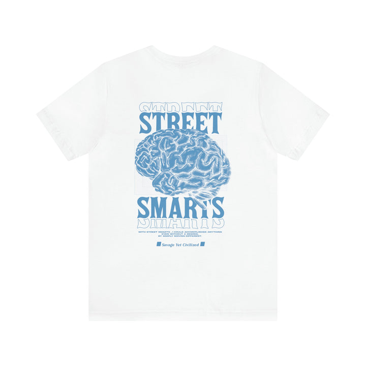 White Street Smarts Jersey short sleeve tee with Carolina Blue brain graphic and text design on the back