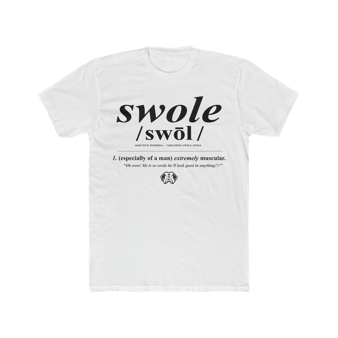 White men's cotton crew tee with "swole" text graphic and definition print, classic fit short sleeve shirt
