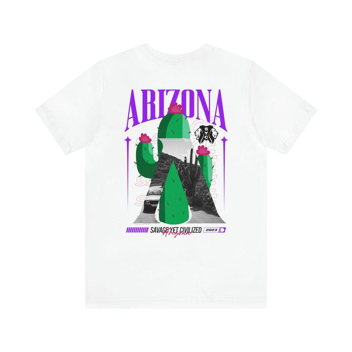 White Arizona Jersey Short Sleeve Tee with purple text and green cactus graphic design on the back