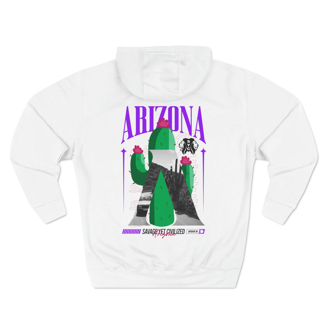 White Arizona Premium Pullover Hoodie with purple text and cactus graphic on the back, featuring durable fleece-lined fabric and regular fit design