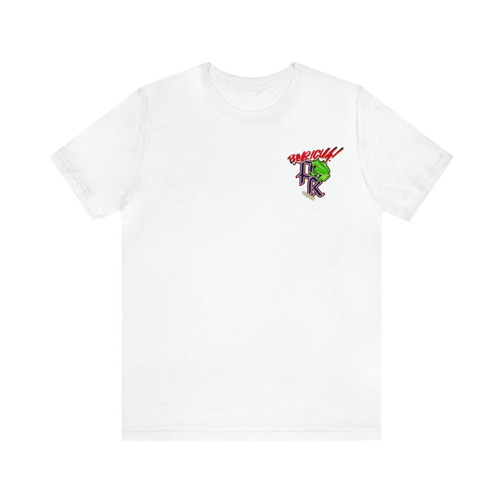 White Puerto Rico short sleeve tee with colorful graphic print on chest, made of soft 100% cotton, unisex fit, ribbed collar, and taped shoulders.