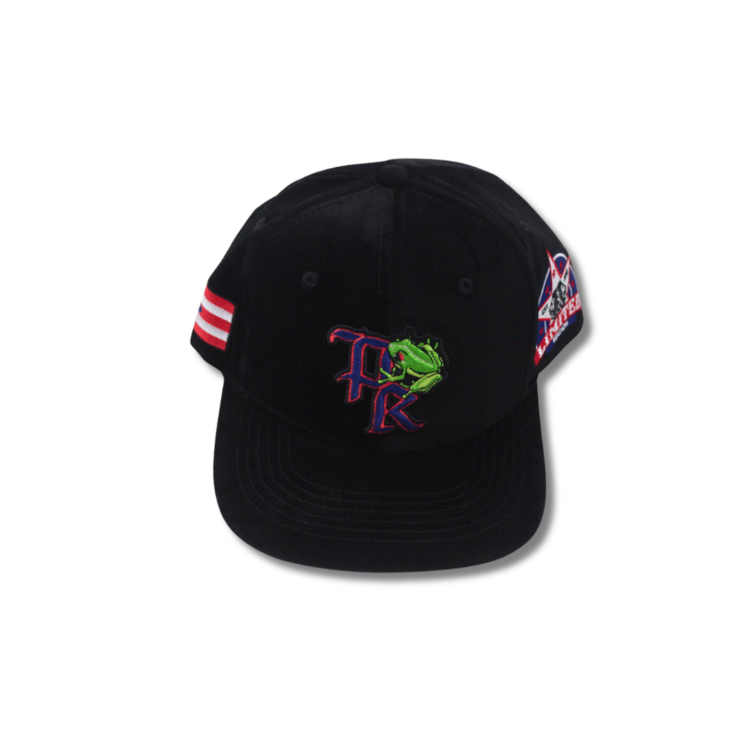 Black Puerto Rico Corduroy Hat with embroidered PR logo, suede brim, and adjustable snapback closure
