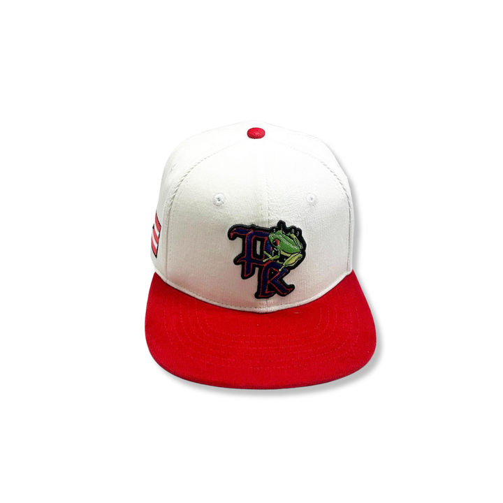 White and red Puerto Rico Corduroy Hat with embroidered logo and suede brim, adjustable snapback closure