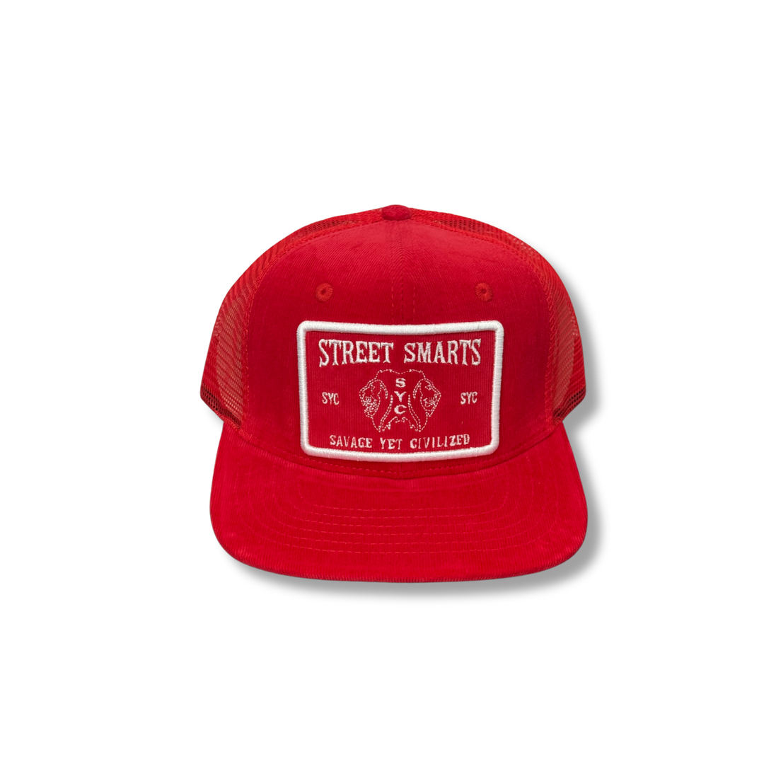 Red Street Smarts Corduroy Paisley Trucker Hat with adjustable snapback and suede brim