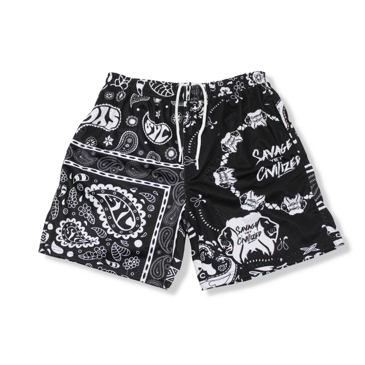 Black SYC Paisleys Mesh Shorts with paisley and graphic print, elastic waistband, drawstring, and side pockets.