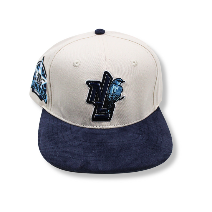off white and navy blue corduroy suede hat with embroidered NY logo and wide brim