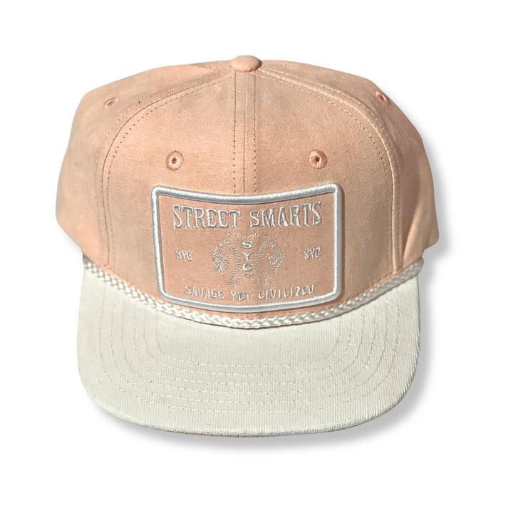 SuedeCorduroy hat in peach and off-white with "Street Smarts" patch and corduroy brim