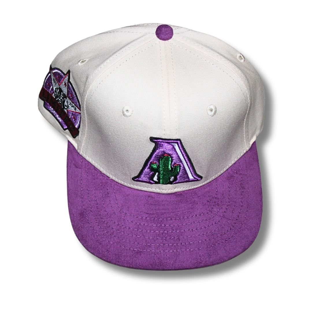 SYC Arizona Snapback hat with white crown and purple corduroy brim featuring embroidered Arizona logo and adjustable backstrap