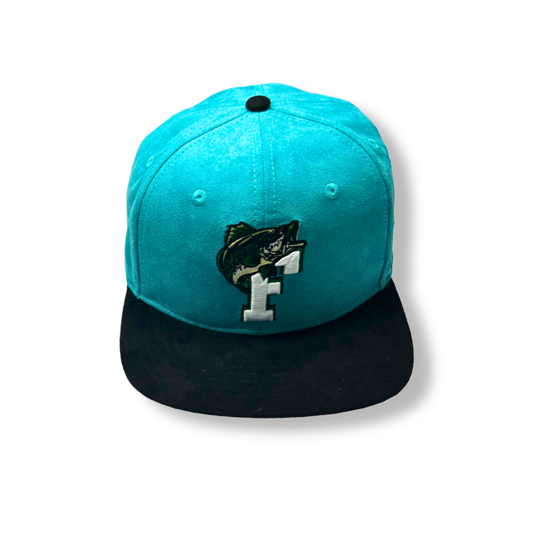Florida large mouth bass suede hat with turquoise crown and black brim