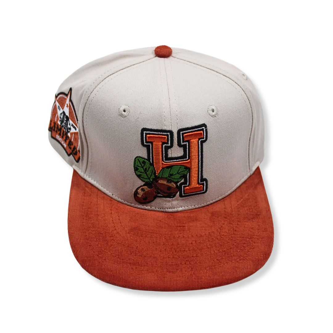 Off-white and orange corduroy/suede hat with wide brim and Houston logo, breathable and lightweight design
