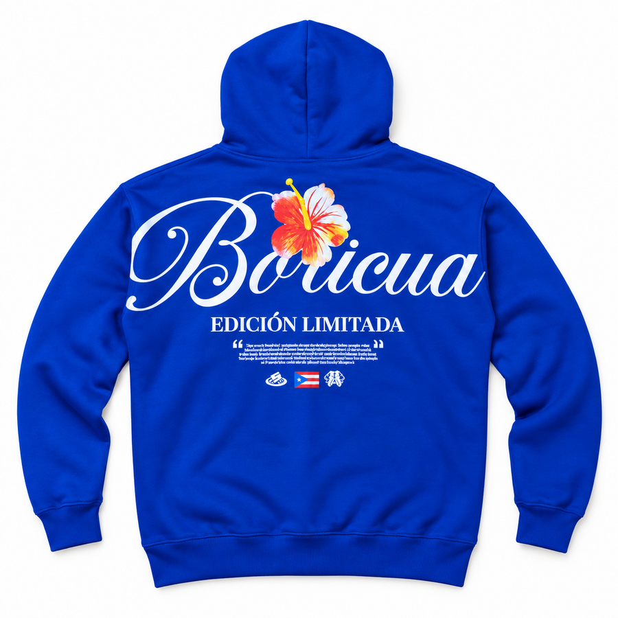 Centered back view of royal blue Boricua hoodie on white background