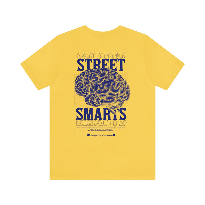 Yellow Golden State jersey short sleeve tee with blue brain graphic and Street Smarts text on back