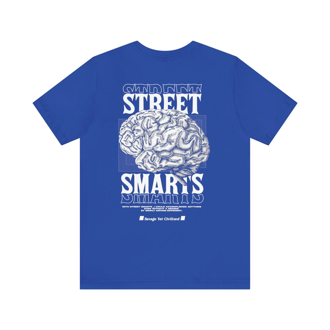 Royal blue jersey short sleeve tee with white brain graphic and "Street Smarts" text on back, made of soft cotton with ribbed collar and retail fit.