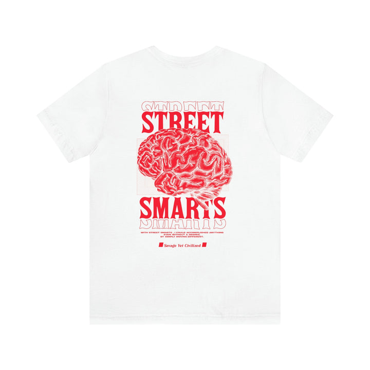 White Street Smarts Jersey short sleeve tee with red brain graphic and text on back, classic unisex fit, soft cotton material