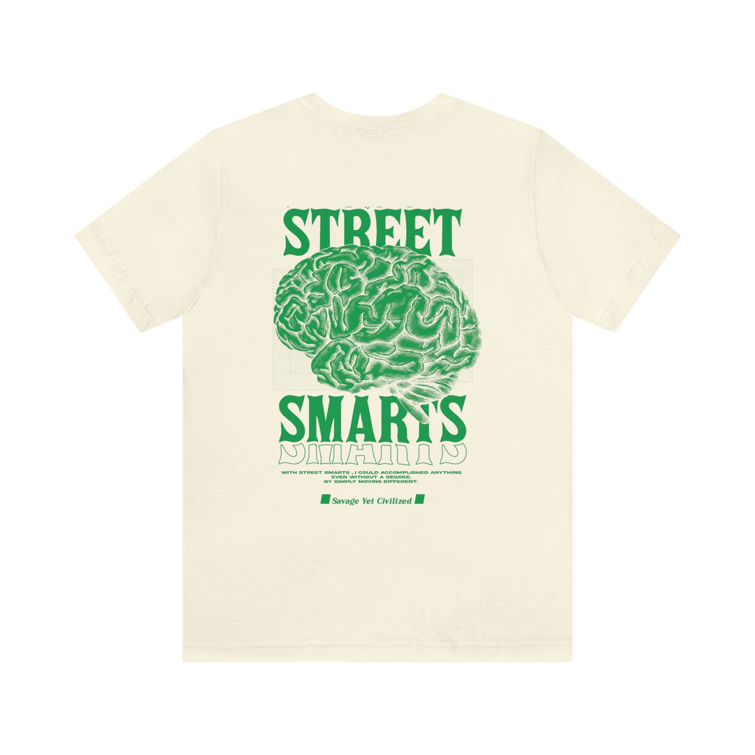 Natural color Street Smarts Jersey short sleeve tee with green brain graphic and text on back