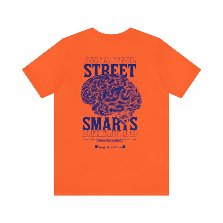 Orange Mets short sleeve jersey tee with blue "Street Smarts" brain graphic on back, unisex cotton shirt.
