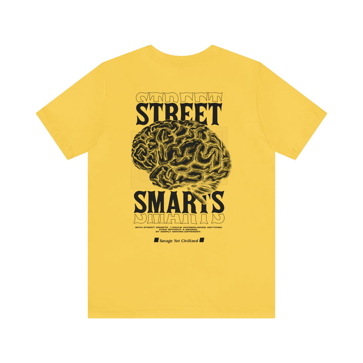 Yellow bumblebee jersey short sleeve tee with black brain graphic and "Street Smarts" text on back