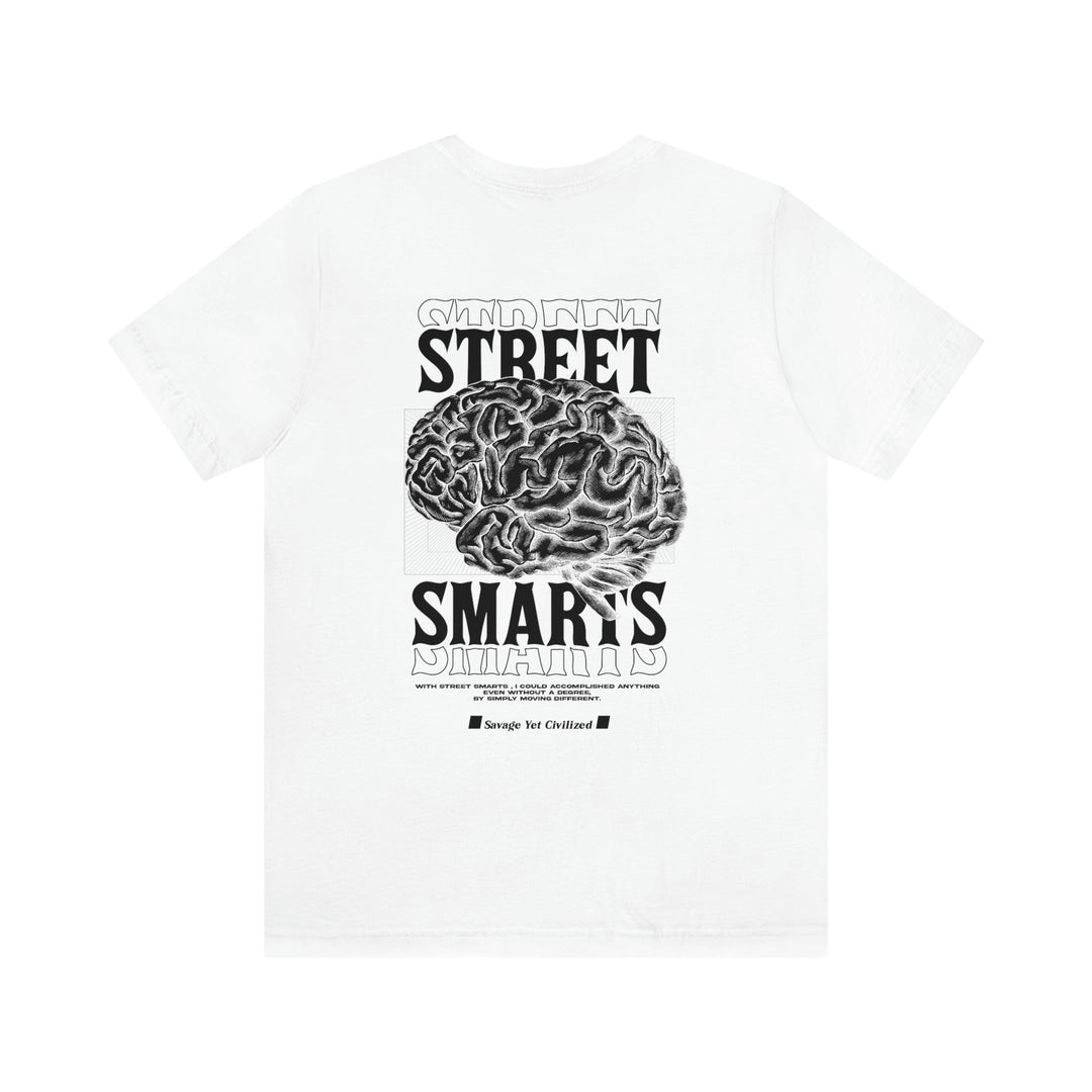 White Street Smarts Jersey short sleeve tee with brain graphic and bold text design on back, made of soft cotton with ribbed collar and taped shoulders for durability