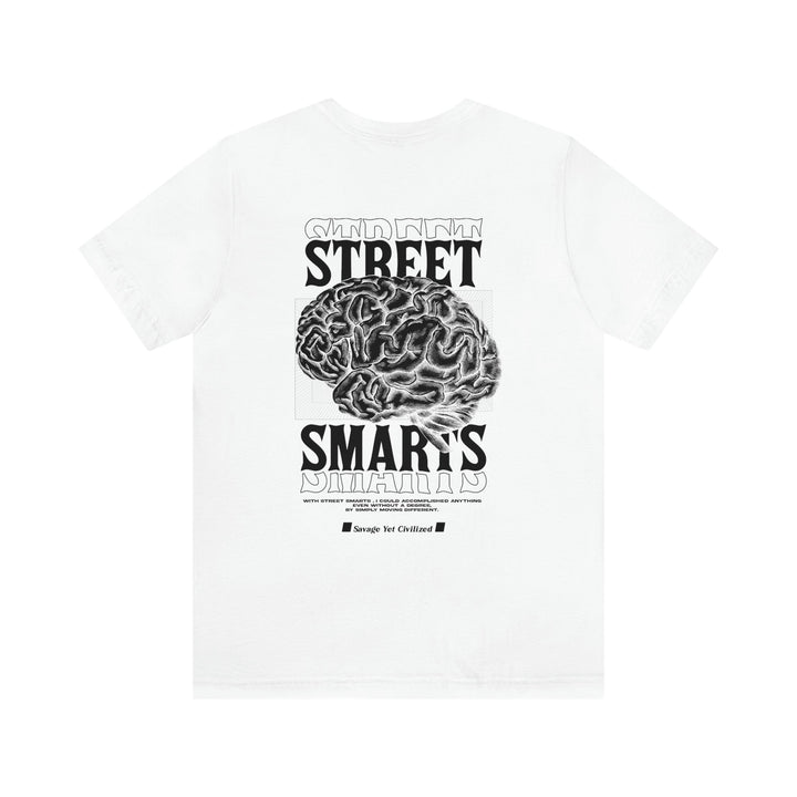 White Street Smarts Jersey short sleeve tee with brain graphic and bold text design on back, made of soft cotton with ribbed collar and taped shoulders for durability
