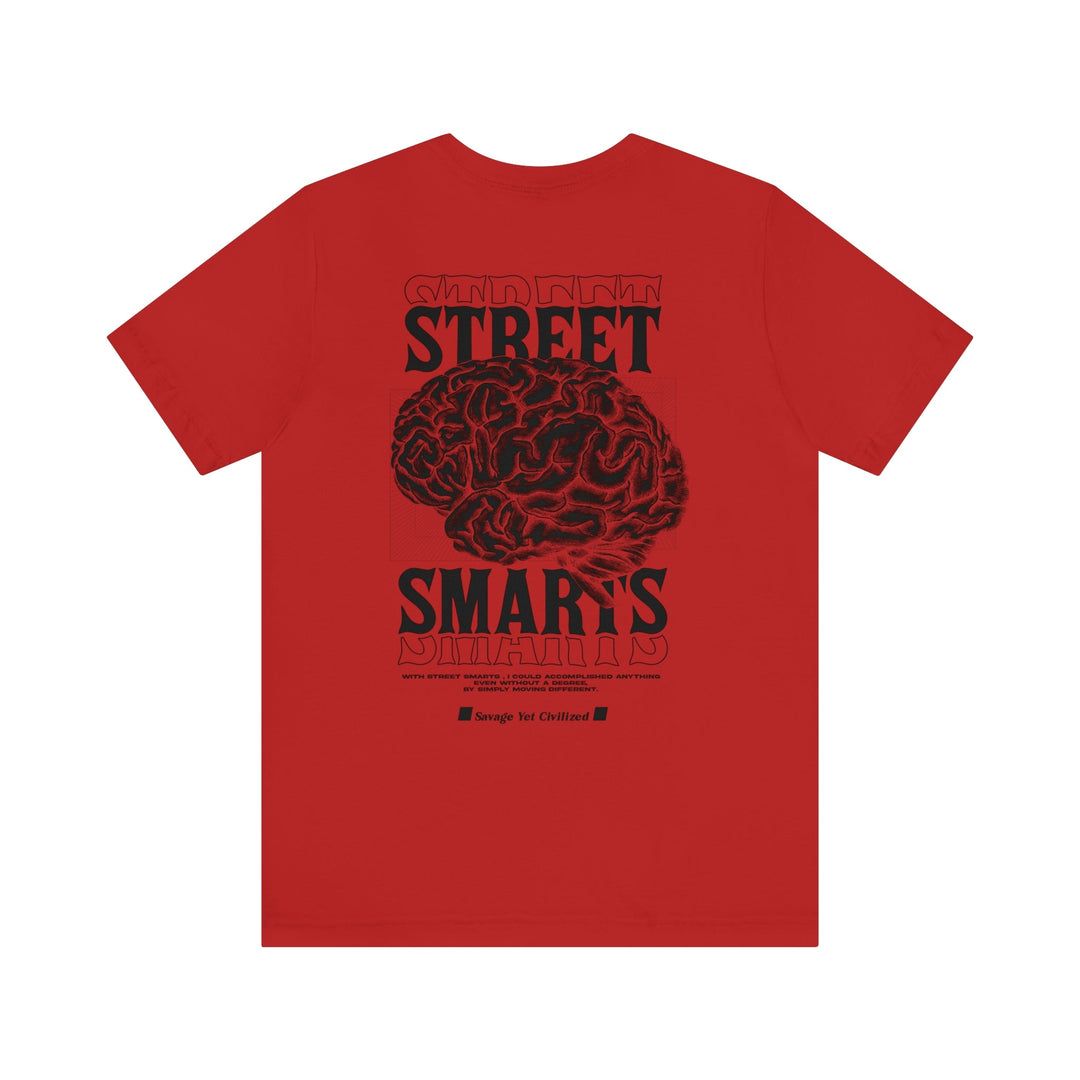 Red eye jersey short sleeve tee in red with black brain graphic and "Street Smarts" text on back, classic unisex fit cotton shirt