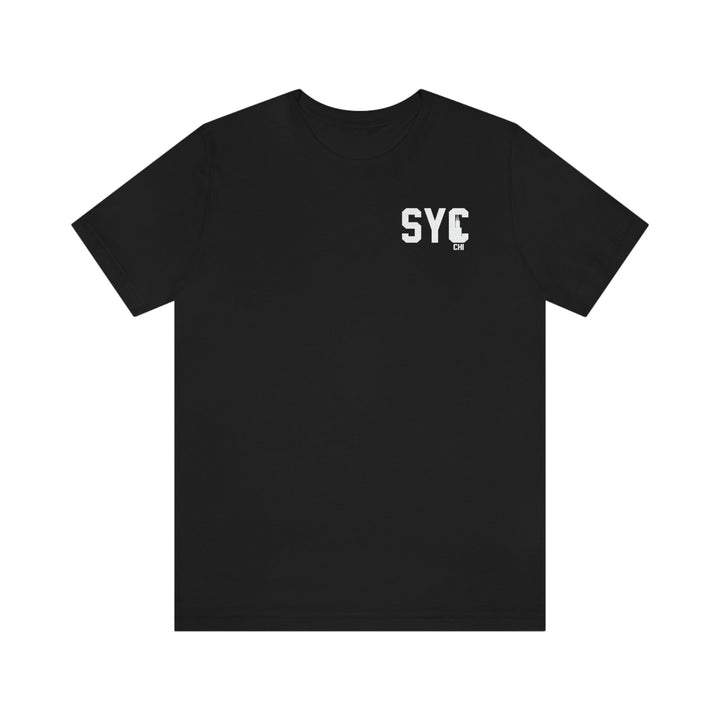 Black SYC CHI unisex jersey short sleeve tee with white logo on chest, made of soft cotton, ribbed collar, and retail fit