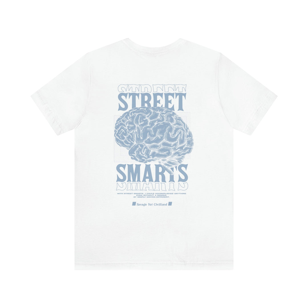 Street Smarts Jersey Short Sleeve Tee in baby blue with brain graphic and text design on back, classic unisex fit, soft cotton material