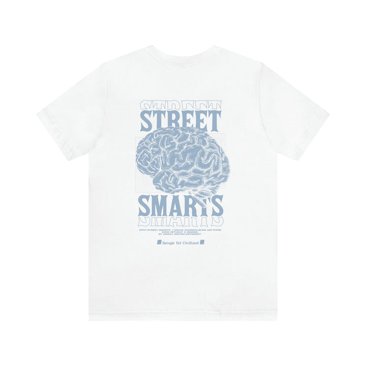 Street Smarts Jersey Short Sleeve Tee in baby blue with brain graphic and text design on back, classic unisex fit, soft cotton material