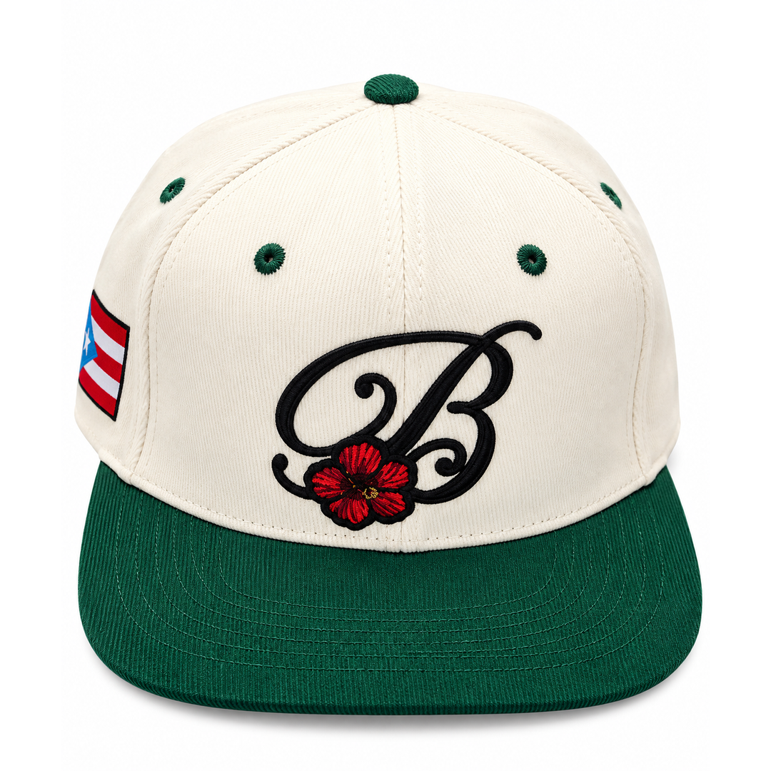 Green and white Boricua B corduroy hat