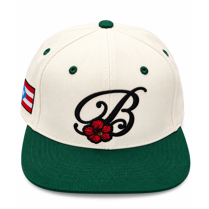 Green and white Boricua B corduroy hat