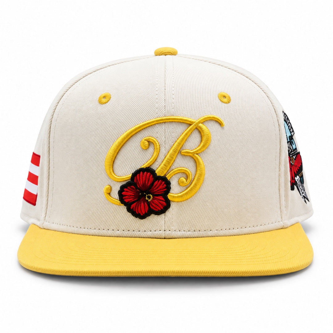 B Boricua Corduroy Hat – Cream & Yellow front view