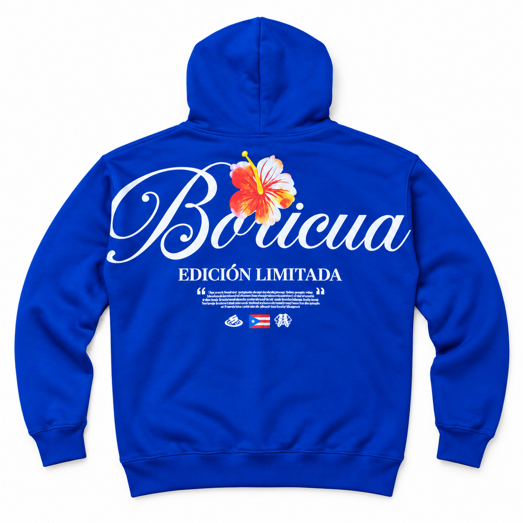 Centered back view of royal blue Boricua hoodie on white background