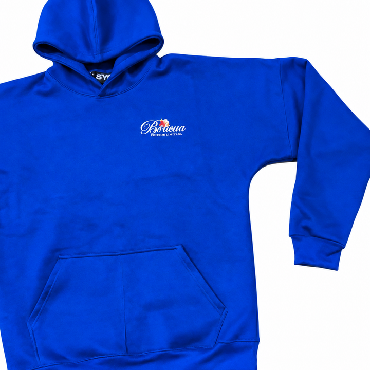Boricua royal blue hoodie front on white background