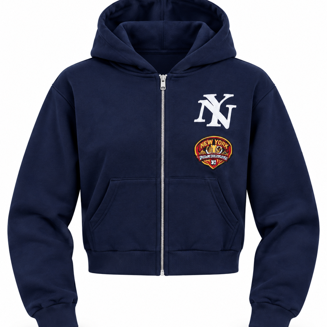 Navy NY cropped zip hoodie studio front view