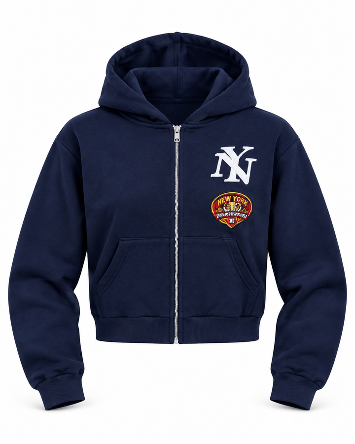 Navy NY cropped zip hoodie studio front view