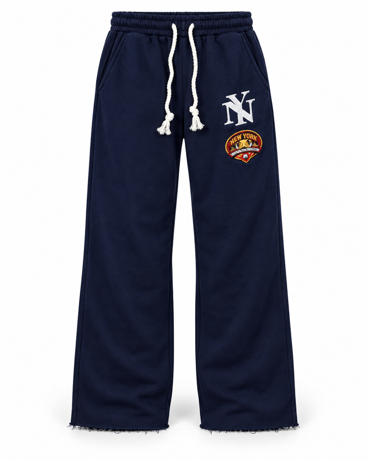 NY navy baggy straight-leg joggers studio front view