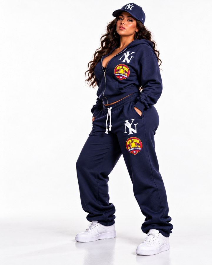 NY joggers styled on woman; hoodie sold separately