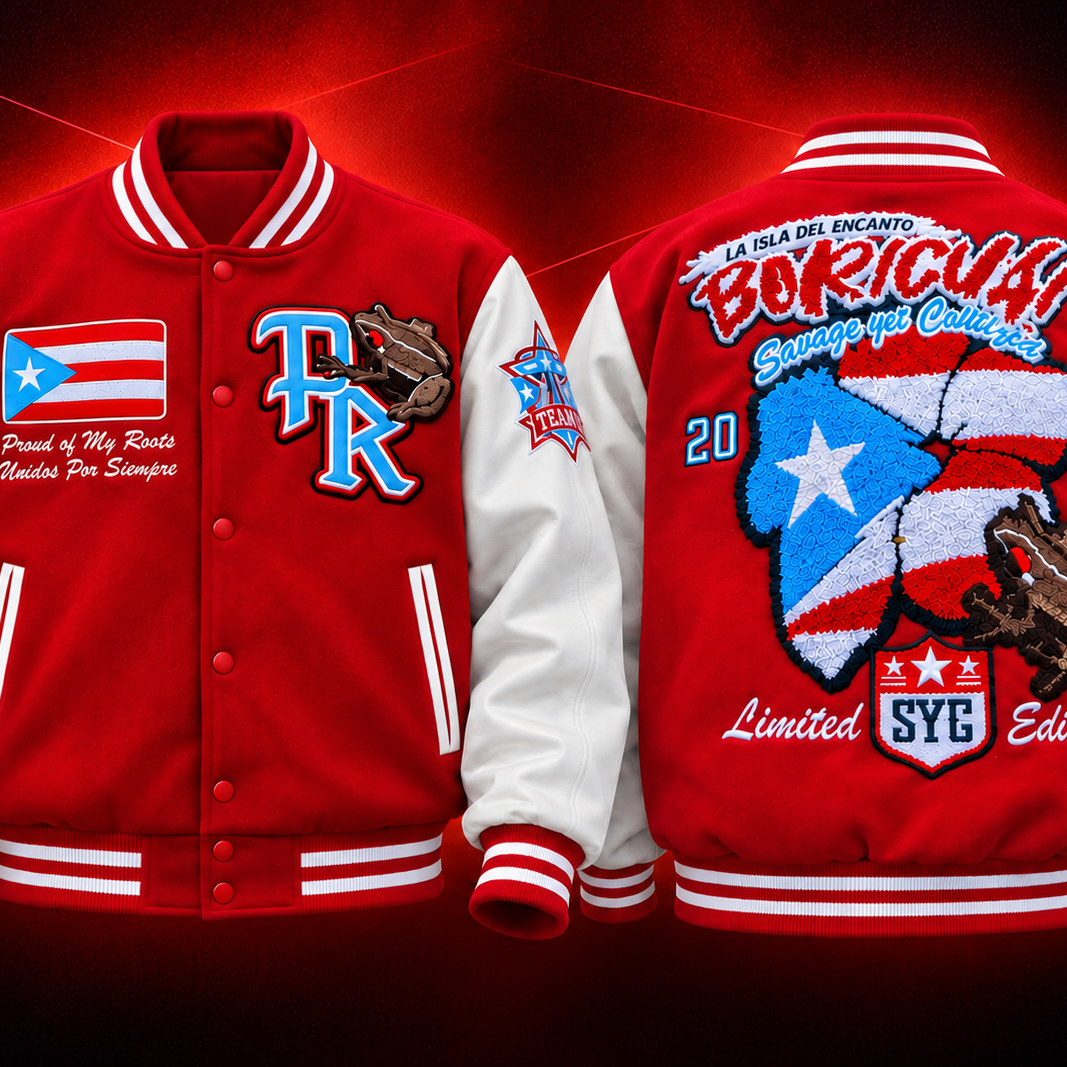 Front and back mockup of SYC Boricua varsity jacket