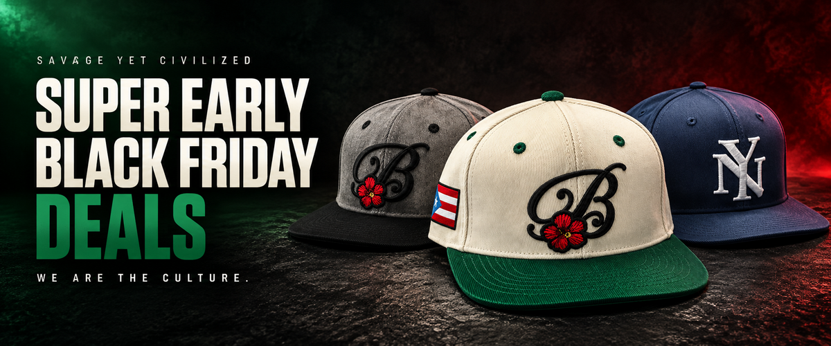 SYC super early Black Friday deals with white and green, grey and black Boricua hats and navy El Barrio NY hat — desktop banner